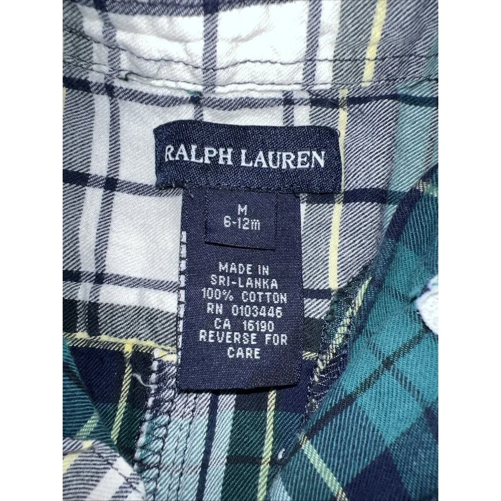 Ralph Lauren Green Navy White Plaid Baby Boys 6-12 Month Button Romper Preppy